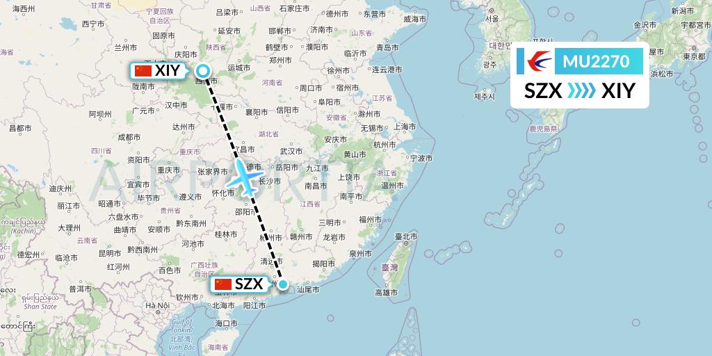 MU2270 China Eastern Airlines Flight Map: Shenzhen to Xi'an