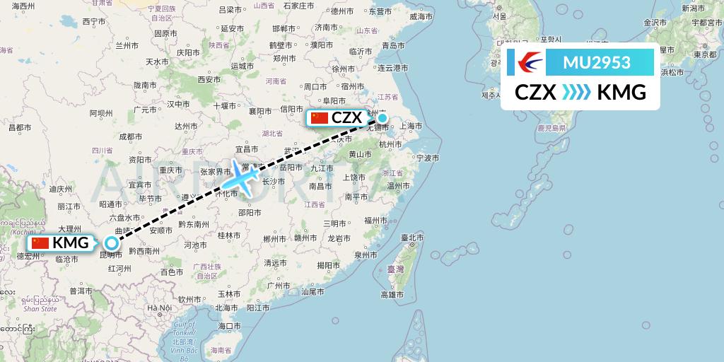 MU2953 China Eastern Airlines Flight Map: Changzhou to Kunming