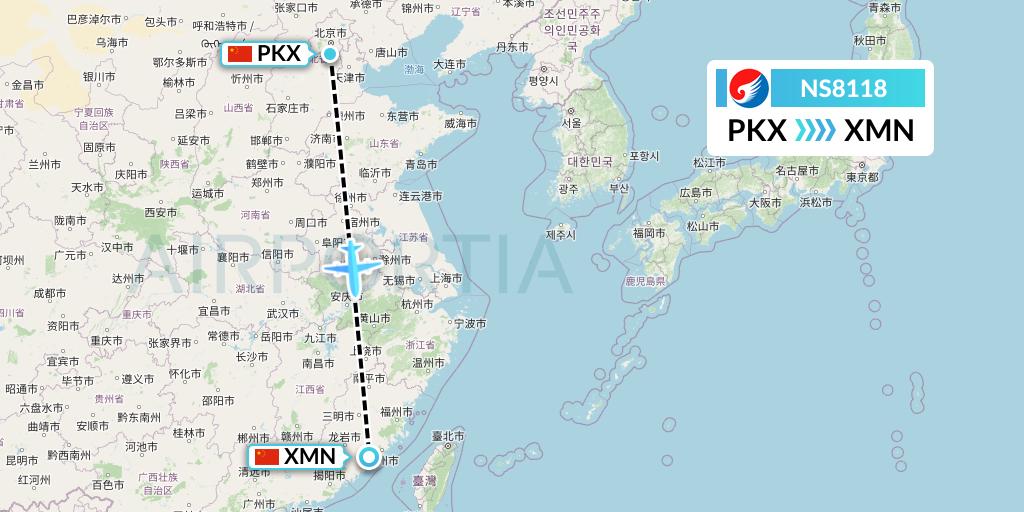 NS8118 Hebei Airlines Flight Map: Beijing to Xiamen