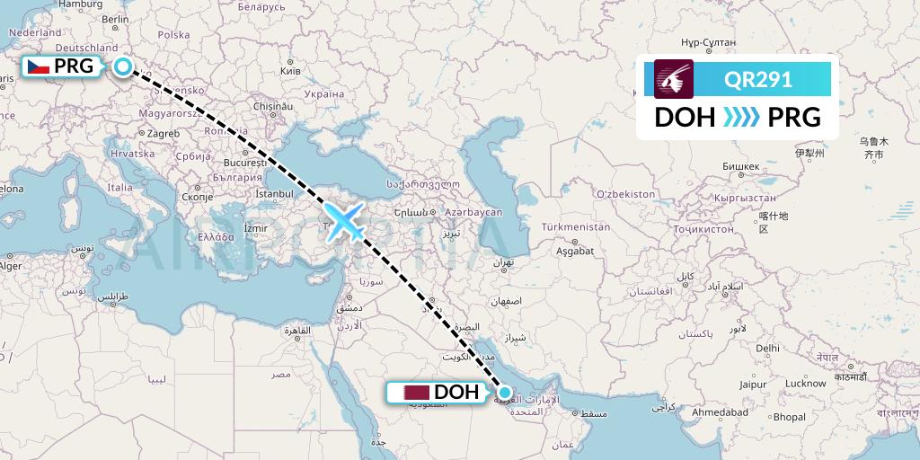 QR291 Qatar Airways Flight Map: Doha to Prague