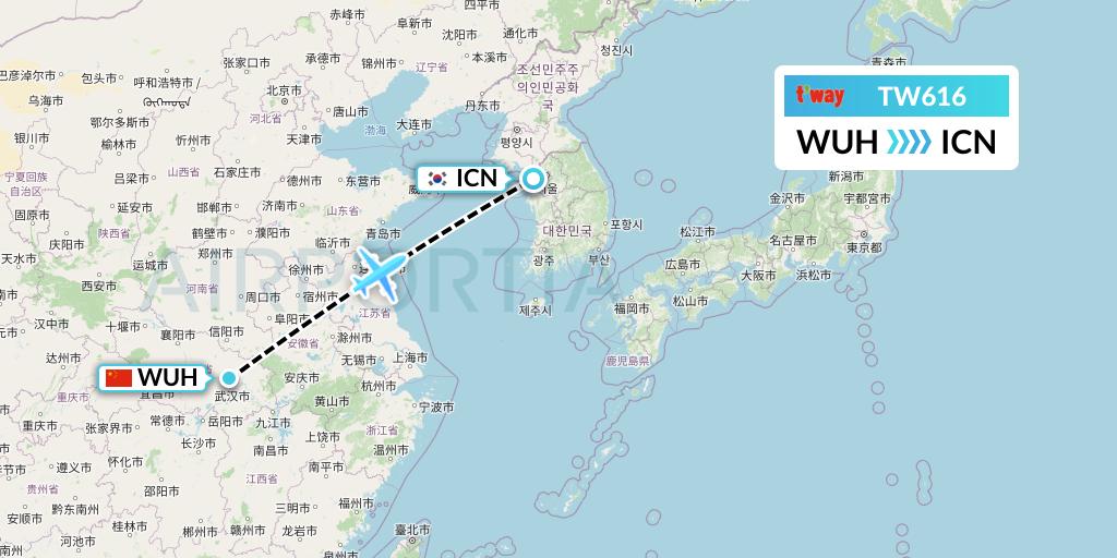 TW616 T'way Air Flight Map: Wuhan to Seoul