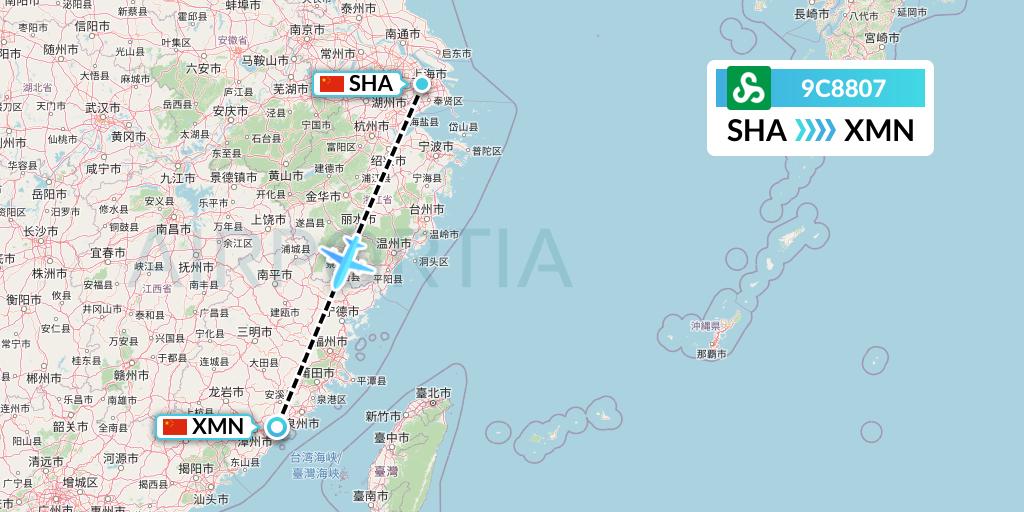 9C8807 Spring Airlines Flight Map: Shanghai to Xiamen