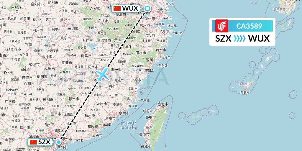 CA3589 Air China Flight Map: Shenzhen to Wuxi