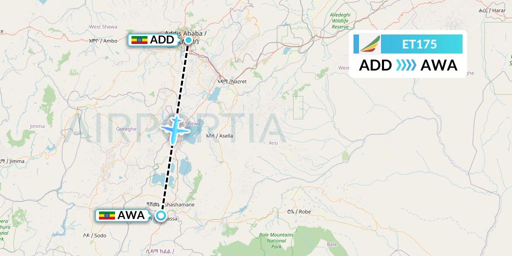 ET175 Ethiopian Airlines Flight Map: Addis Ababa to Awassa