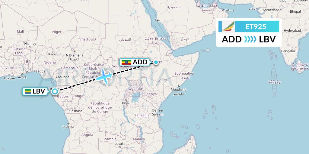 ET925 Ethiopian Airlines Flight Map: Addis Ababa to Libreville