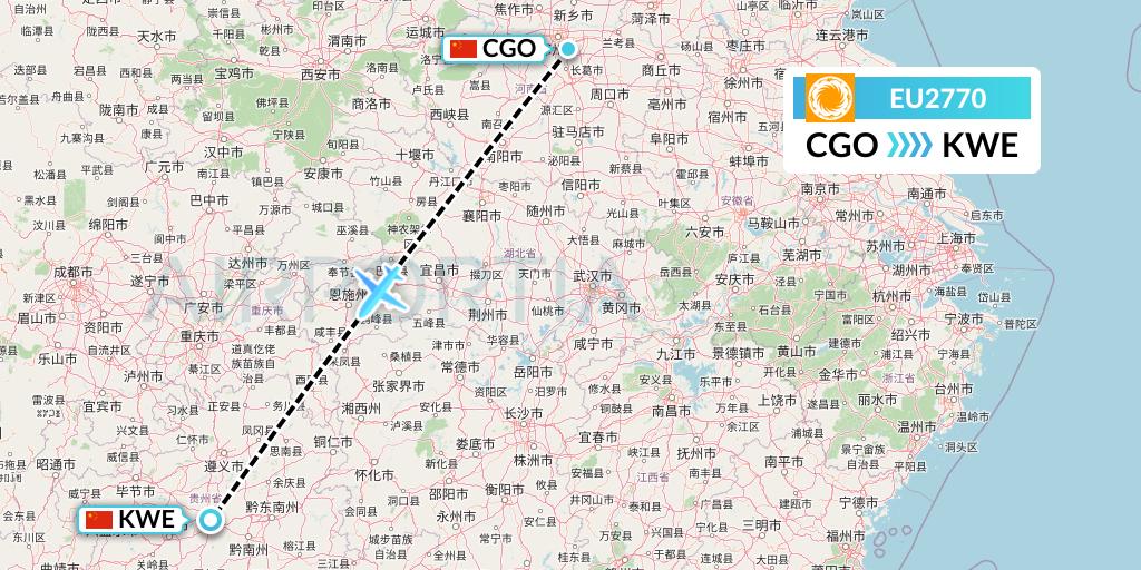 EU2770 Chengdu Airlines Flight Map: Zhengzhou to Guiyang