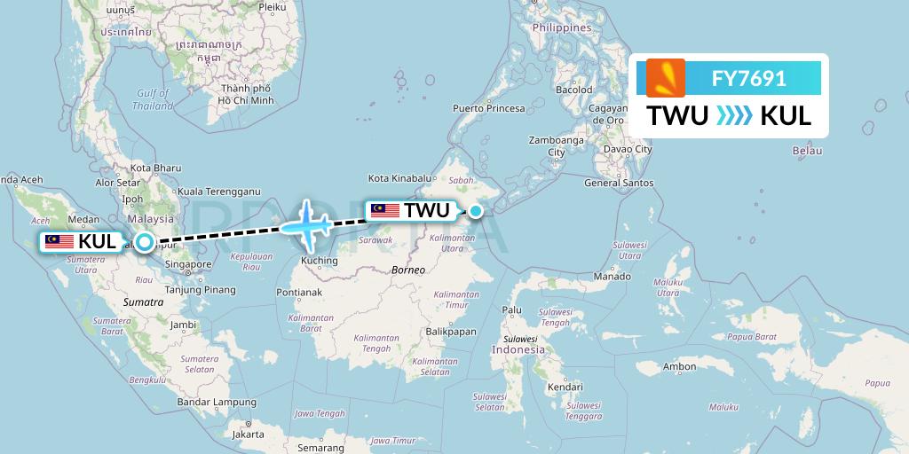 FY7691 Firefly Flight Map: Tawau to Kuala Lumpur