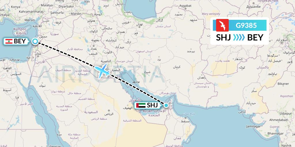 G9385 Air Arabia Flight Map: Sharjah to Beirut