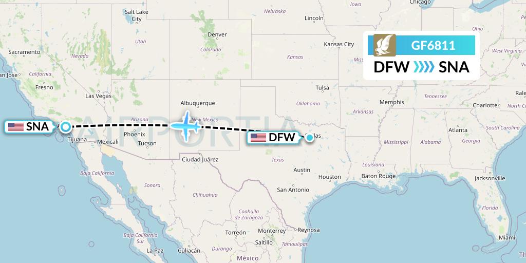 GF6811 Gulf Air Flight Map: Dallas to Orange County