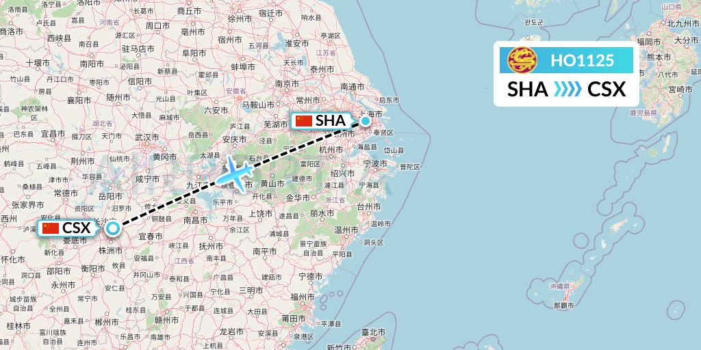 HO1125 Juneyao Airlines Flight Map: Shanghai to Changsha