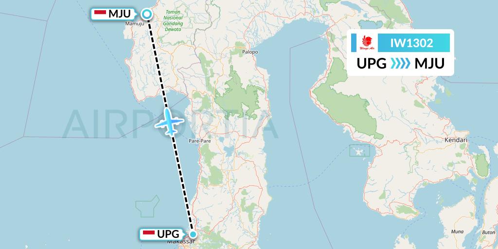 IW1302 Wings Air Flight Map: Makassar to Mamuju-Celebes Island