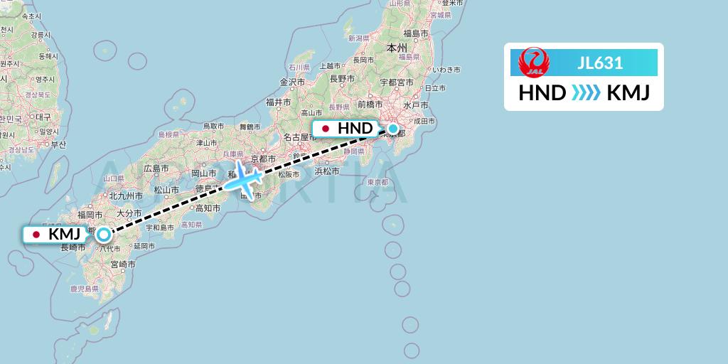 JL631 Japan Airlines Flight Map: Tokyo to Kumamoto