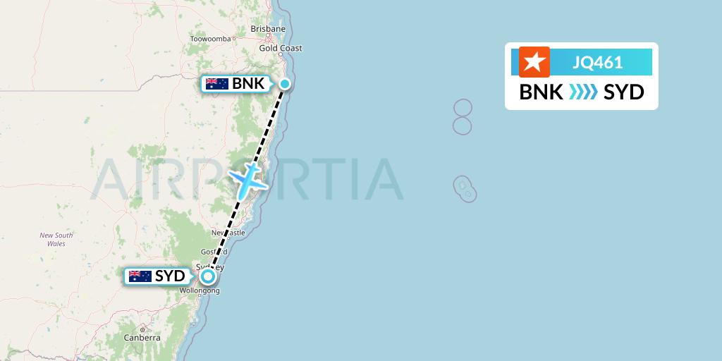 JQ461 Jetstar Airways Flight Map: Ballina to Sydney