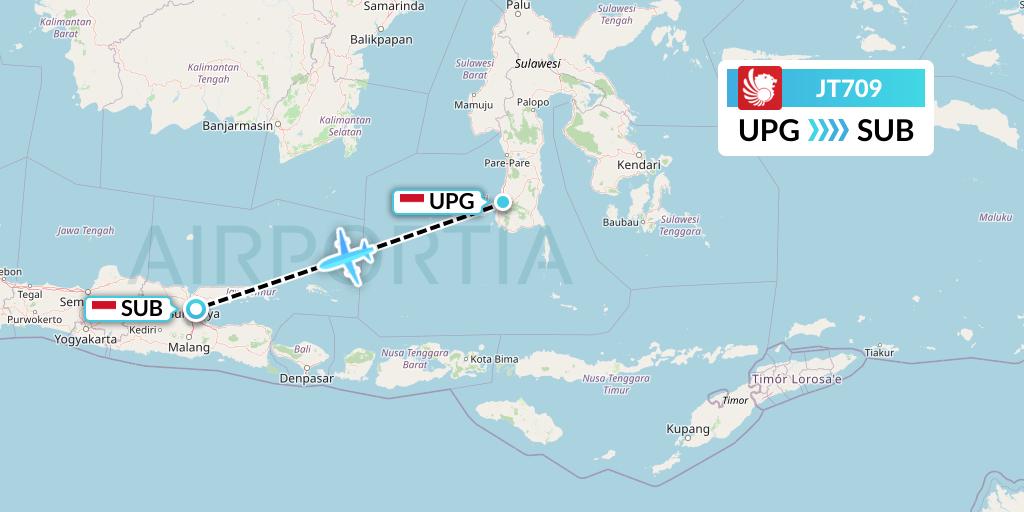 JT709 Lion Airlines Flight Map: Makassar to Surabaya