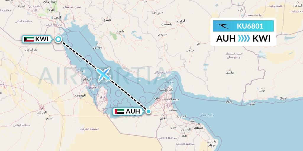 KU6801 Kuwait Airways Flight Map: Abu Dhabi to Kuwait City