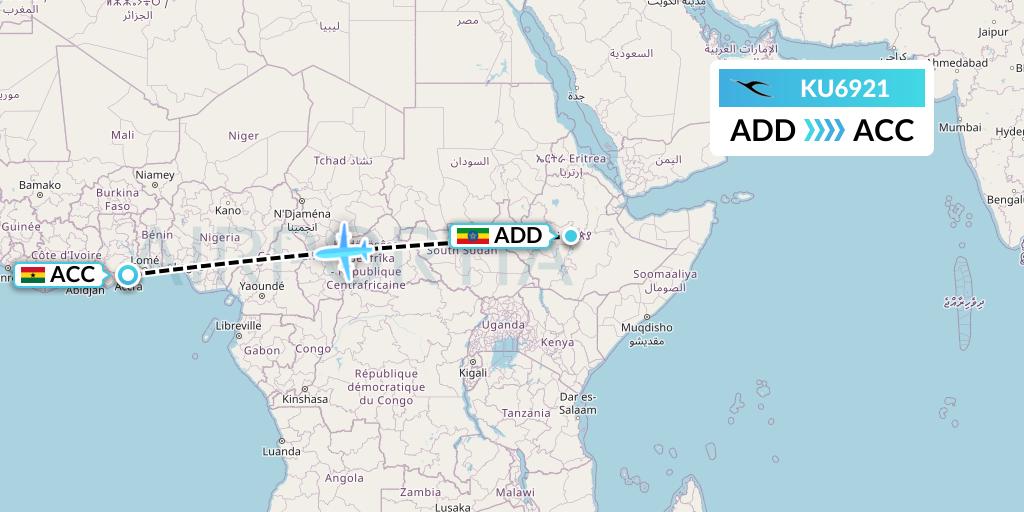 KU6921 Kuwait Airways Flight Map: Addis Ababa to Accra