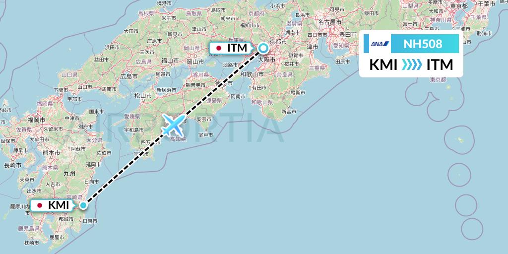 NH508 All Nippon Airways Flight Map: Miyazaki to Osaka