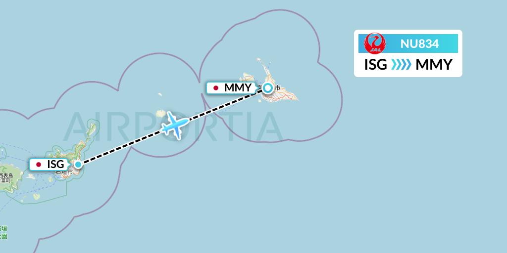 NU834 Japan Transocean Air Flight Map: Ishigaki to Miyako