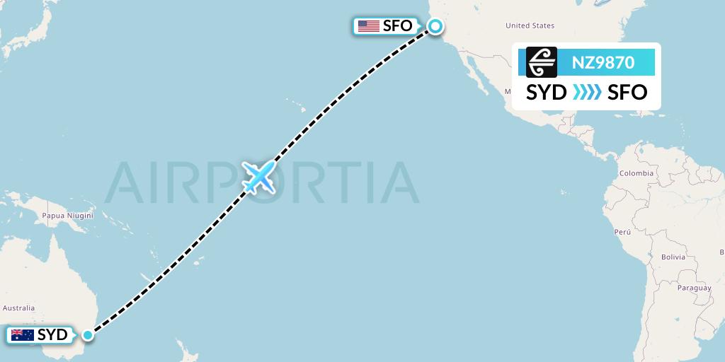 NZ9870 Air New Zealand Flight Map: Sydney to San Francisco