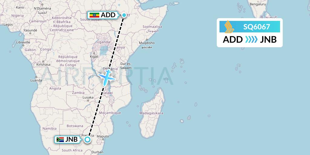 SQ6067 Singapore Airlines Flight Map: Addis Ababa to Johannesburg