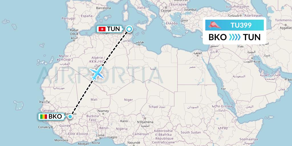 TU399 Tunisair Flight Map: Bamako to Tunis