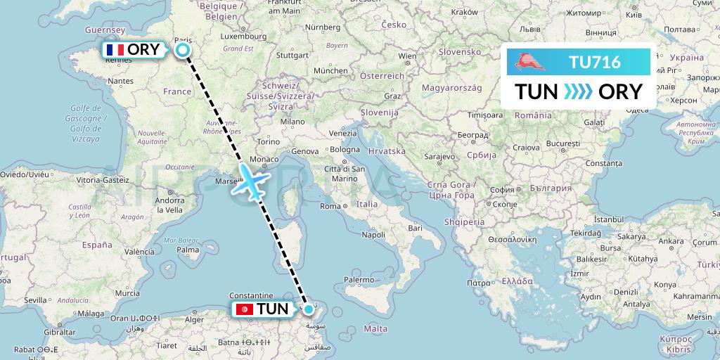 TU716 Tunisair Flight Map: Tunis to Paris