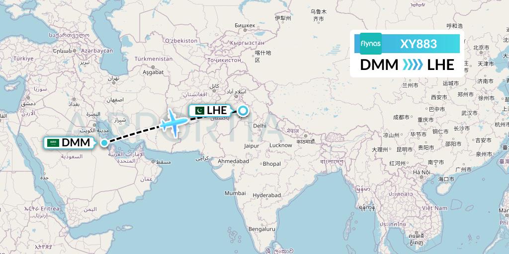XY883 Flynas Flight Map: Dammam to Lahore