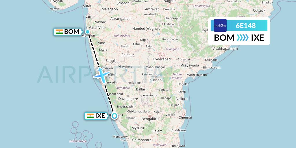 6E148 IndiGo Airlines Flight Map: Mumbai to Mangalore