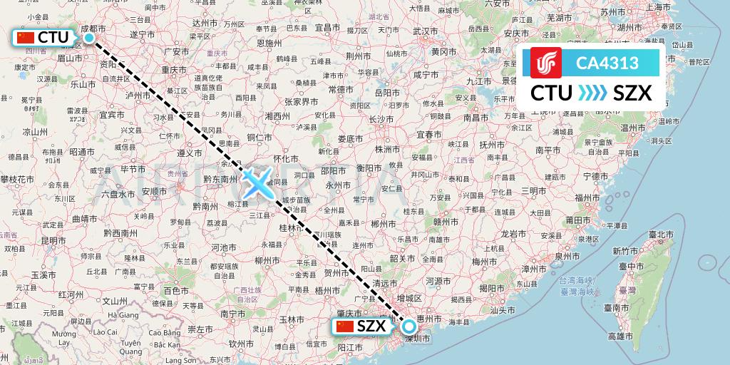 CA4313 Air China Flight Map: Chengdu to Shenzhen