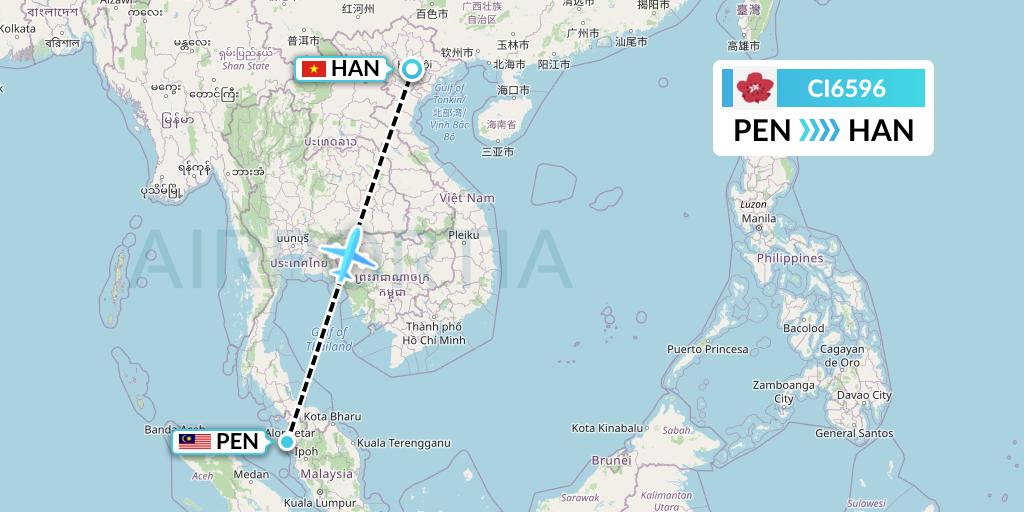 CI6596 China Airlines Flight Map: Penang to Hanoi