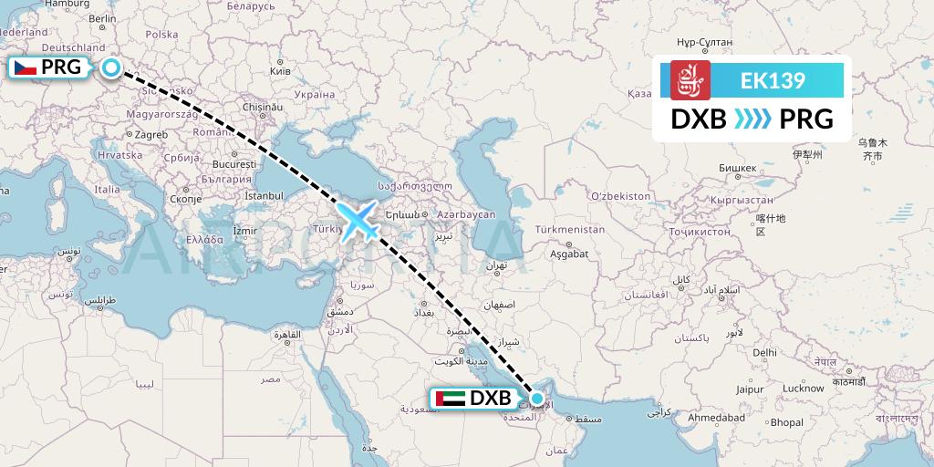 EK139 Emirates Flight Map: Dubai to Prague