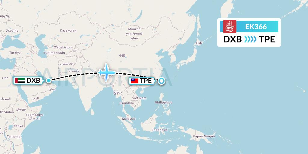 EK366 Emirates Flight Map: Dubai to Taipei