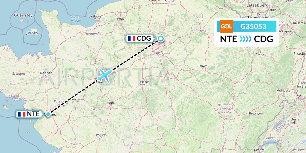 G35053 GOL Transportes Aeros Flight Map: Nantes to Paris