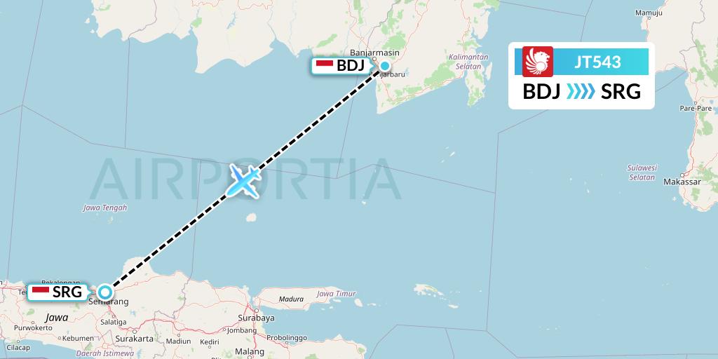 JT543 Lion Airlines Flight Map: Banjarmasin to Semarang