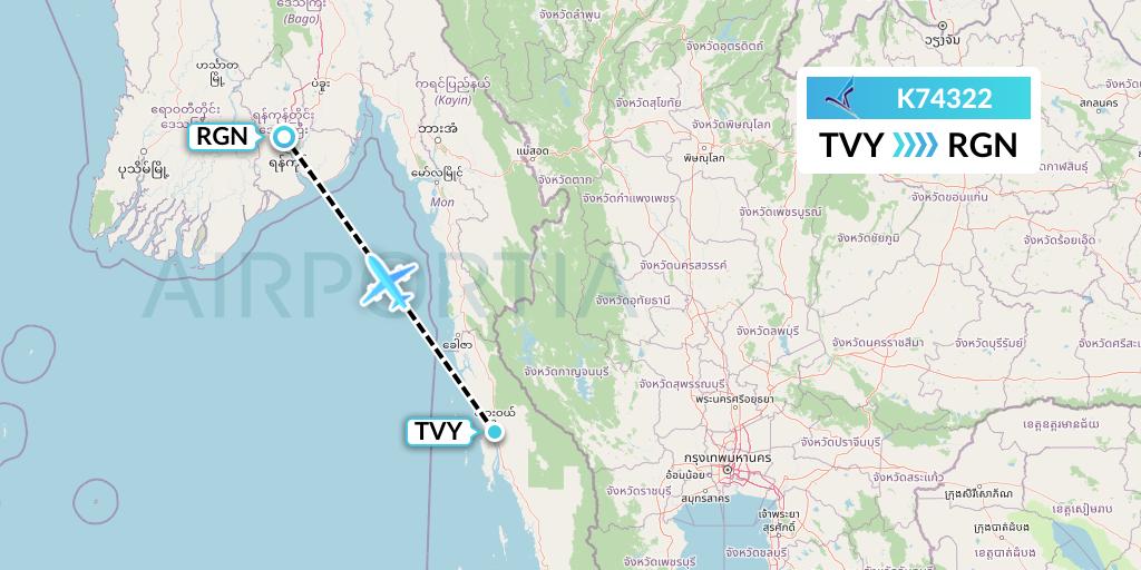 K74322 Air KBZ Flight Map: Dawei to Yangon