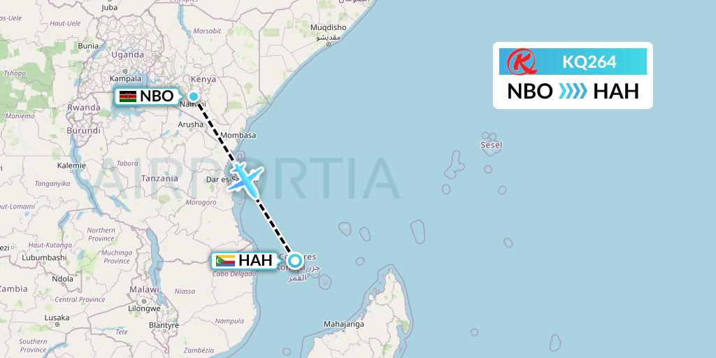 KQ264 Kenya Airways Flight Map: Nairobi to Moroni
