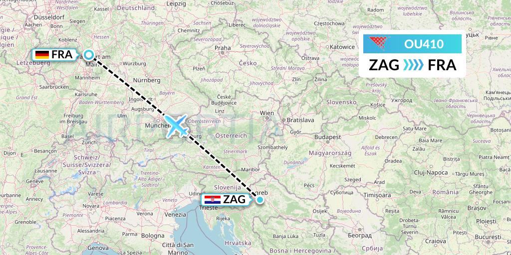 OU410 Croatia Airlines Flight Map: Zagreb to Frankfurt
