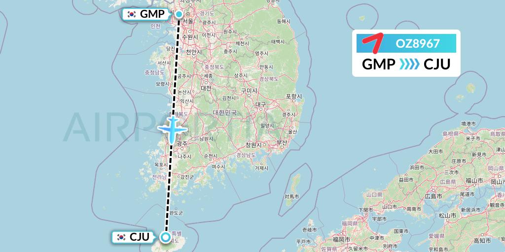 OZ8967 Asiana Airlines Flight Map: Seoul to Jeju