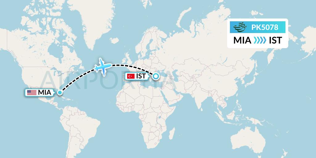 PK5078 Pakistan International Airlines Flight Map: Miami to Istanbul