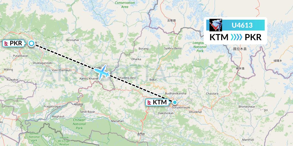 U4613 Buddha Air Flight Map: Kathmandu to Pokhara
