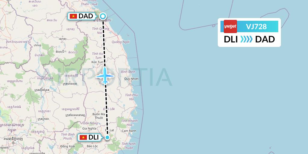 VJ728 VietJet Air Flight Map: Da Lat to Da Nang