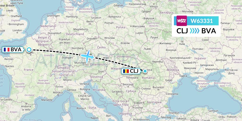 W63331 Wizz Air Flight Map: Cluj-Napoca to Paris