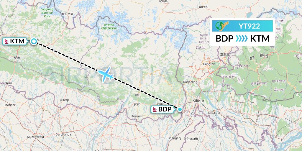 YT922 Yeti Airlines Flight Map: Bhadrapur to Kathmandu