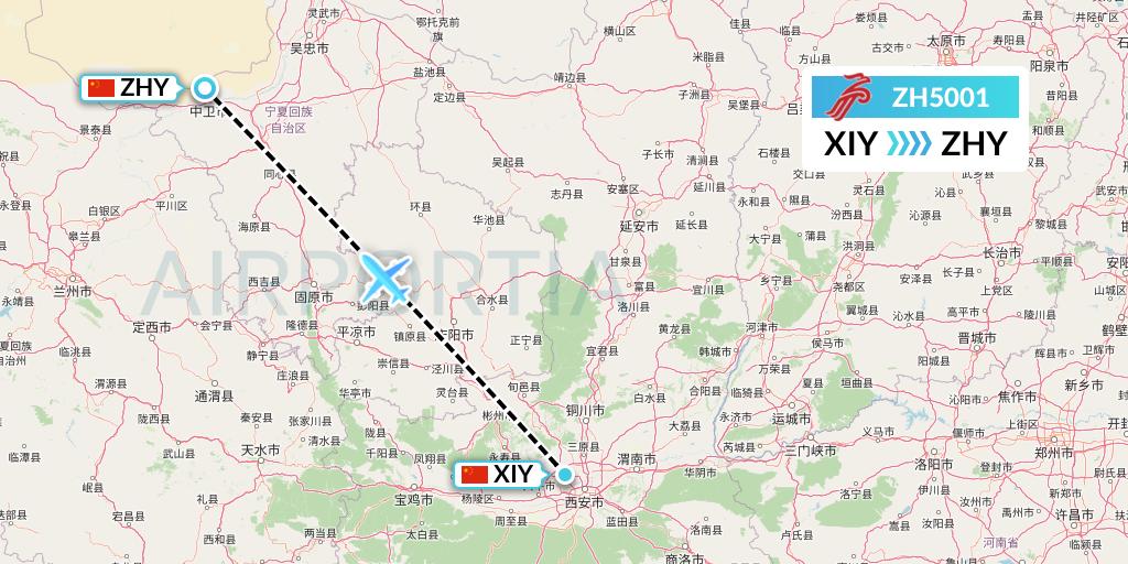 ZH5001 Shenzhen Airlines Flight Map: Xi'an to Zhongwei