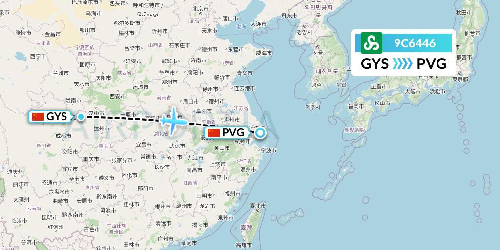 9C6446 Spring Airlines Flight Map: Guangyuan to Shanghai