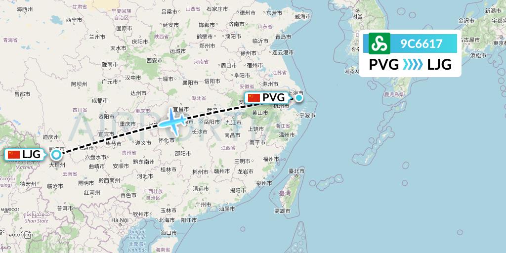 9C6617 Spring Airlines Flight Map: Shanghai to Lijiang