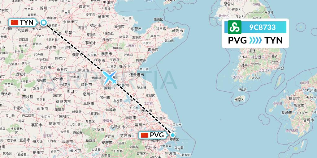 9C8733 Spring Airlines Flight Map: Shanghai to Taiyuan