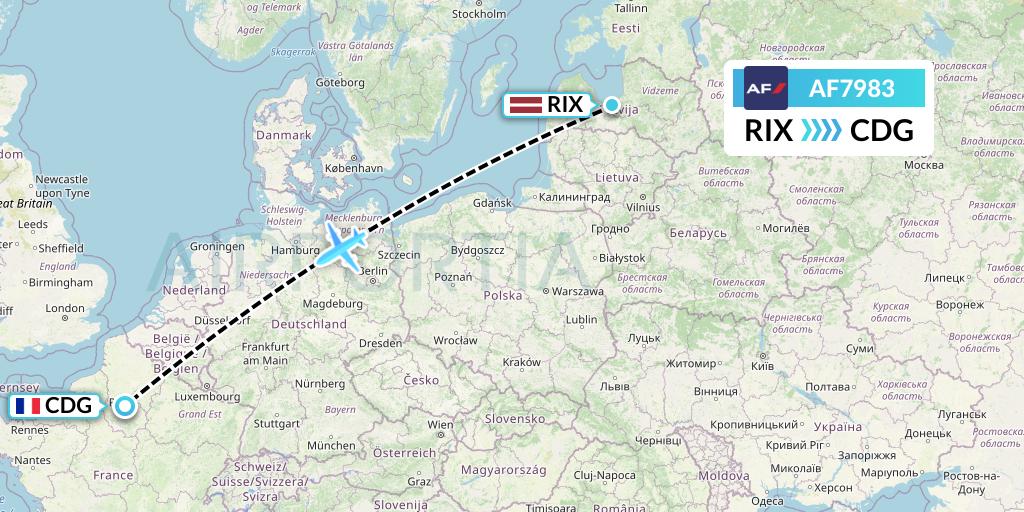 AF7983 Air France Flight Map: Riga to Paris