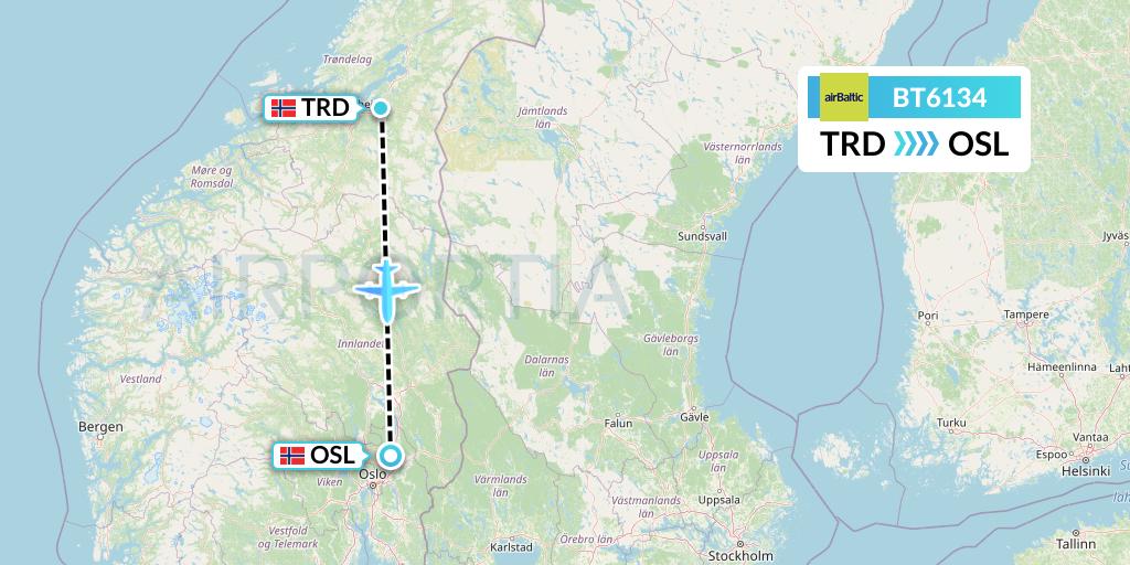 BT6134 Air Baltic Flight Map: Trondheim to Oslo
