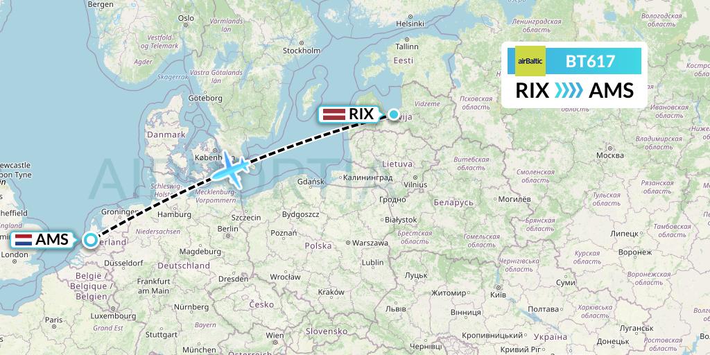 BT617 Air Baltic Flight Map: Riga to Amsterdam